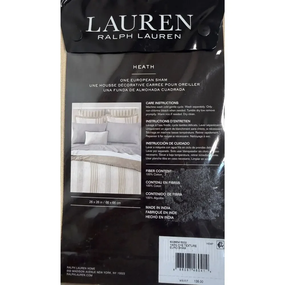 Lauren Ralph Lauren Heath European Sham 26 x 26 Tan Cream Stripe Cotton New - Picture 3 of 6